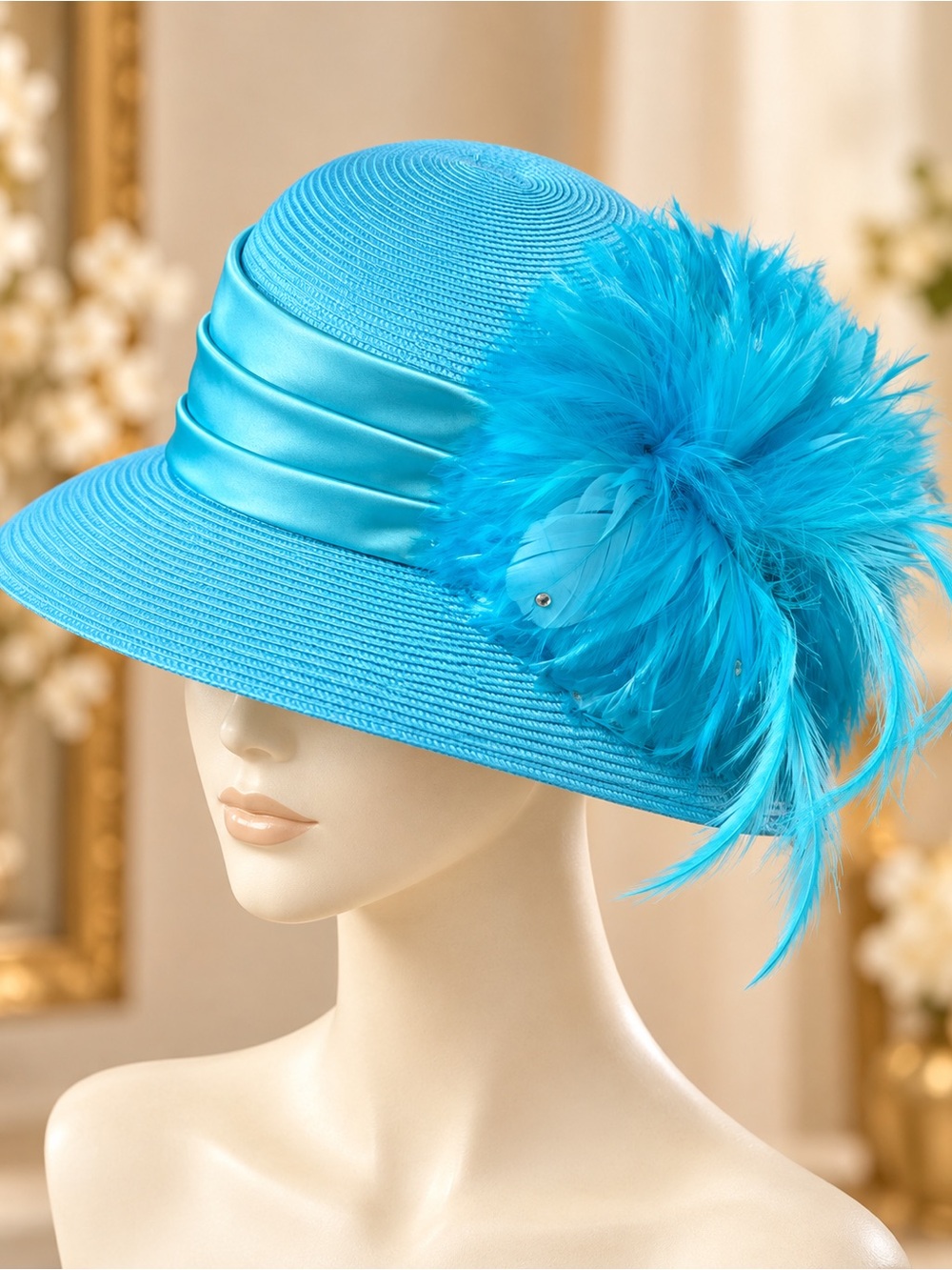 Ellie Fine Hats Turquoise Blue Feather Church Hat Derby Hat